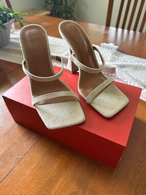 Beige Strappy Block Heel Sandals - Women's